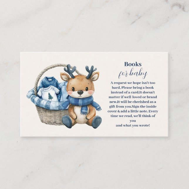 Blue Reindeer Basket Baby Shower Books for Baby Enclosure Card (Front)