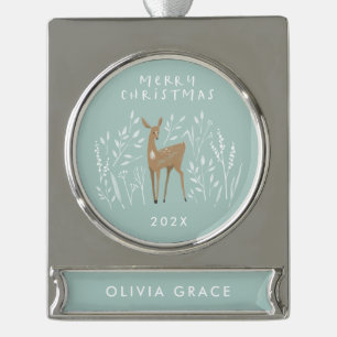 Blue reindeer botanical delicate elegant silver plated banner ornament