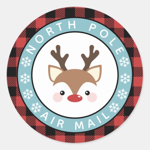 Blue Reindeer Buffalo Check North Pole Air Mail Classic Round Sticker