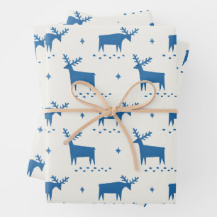 Blue Reindeer Christmas   Cute Nordic Holiday Wrapping Paper Sheets