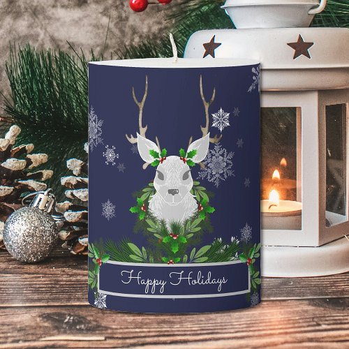 Blue Reindeer Christmas Pillar Candle