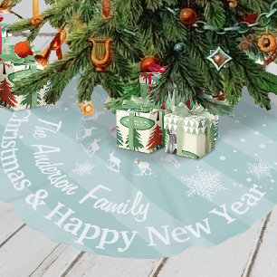 Blue Reindeer Forest Christmas Personalized Faux Linen Tree Skirt