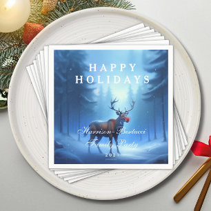 Blue Reindeer Happy Holidays Family Party Napkins