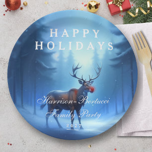Blue Reindeer Happy Holidays Family Party Paper Plates