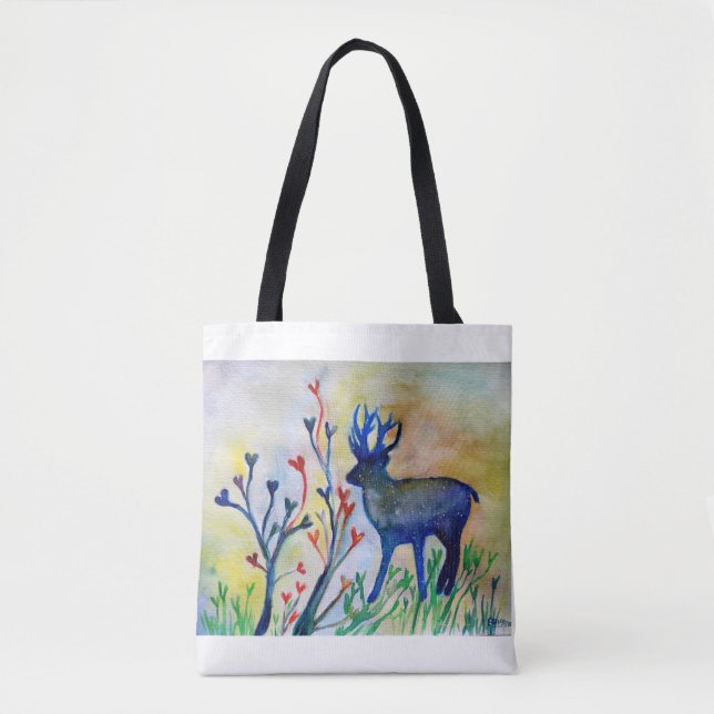 Blue Reindeer Love Trees Watercolor Art Tote Print (Front)