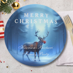 Blue Reindeer Merry Christmas Family Party Paper Plates