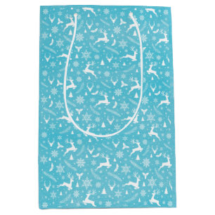 Blue Reindeer Pattern Merry Christmas Snowflakes Medium Gift Bag