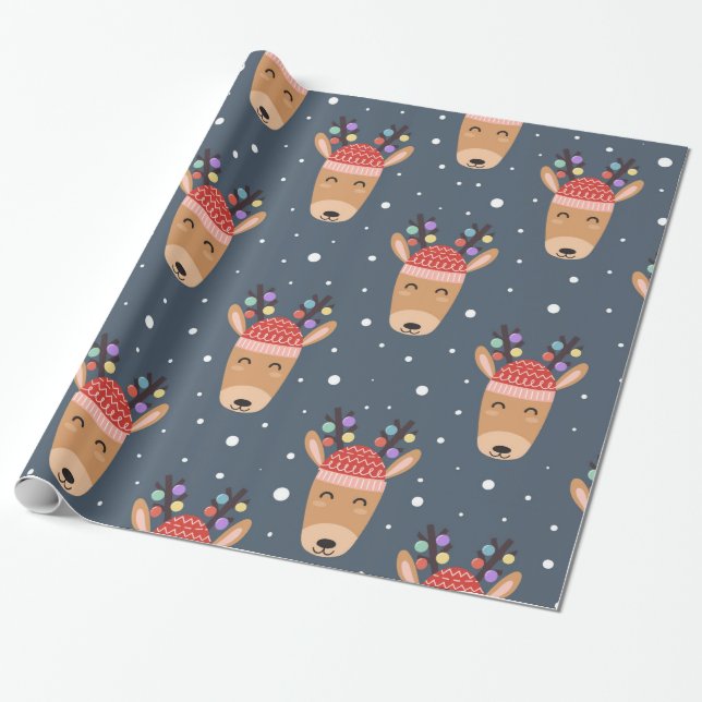 Blue Reindeer Rustic Cute Whimsical Fun Holiday Wrapping Paper (Unrolled)