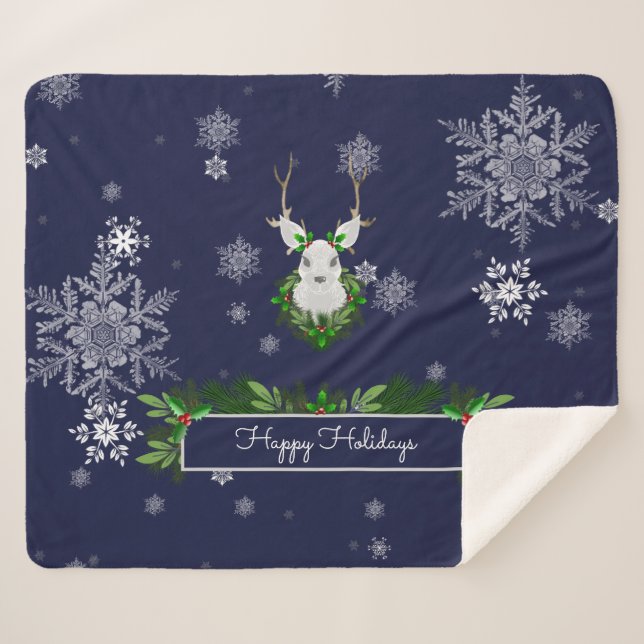 Blue Reindeer Sherpa Blanket (Front (Horizontal))