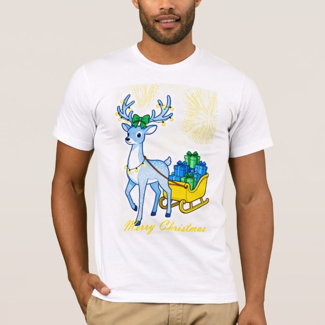 Blue Reindeer & Sleigh Merry Christmas Men's T-Shirt (Front)