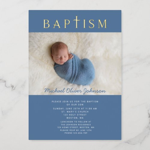 Blue Religious Cross Boy Baptism Photo Gold Foil Invitation