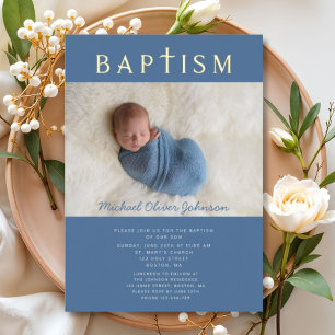 Blue Religious Cross Boy Baptism Photo Gold Foil Invitation
