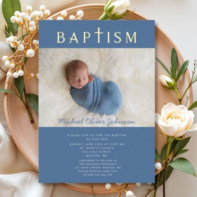 Blue Religious Cross Boy Baptism Photo Gold Foil Invitation (Blue Religious Cross Boy Baptism Photo Gold Foil Invitation)