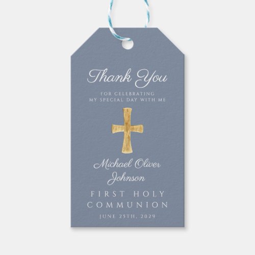 Blue Religious Cross Boy First Communion  Gift Tags