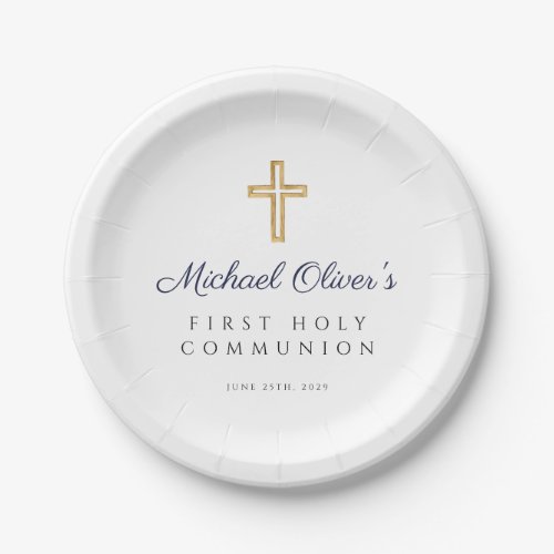 Blue Religious Cross Boy First Communion Paper Plates