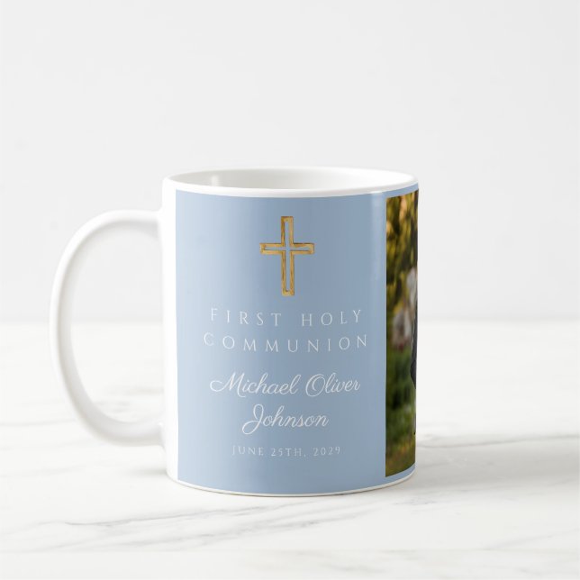 Blue Religious Cross Boy First Communion Photo Coffee Mug (Left)