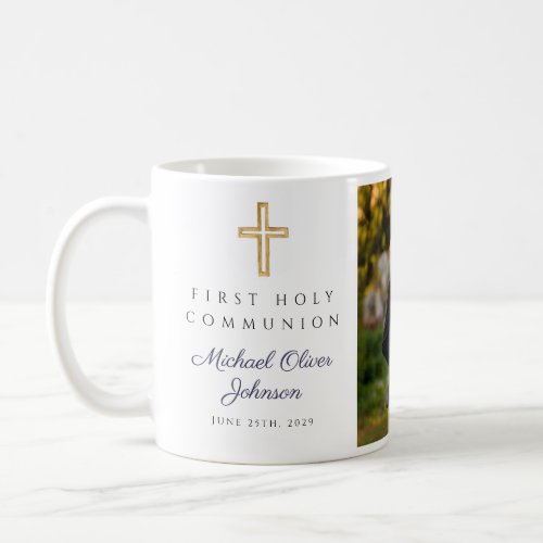 Blue Religious Cross Boy First Communion Photo Coffee Mug