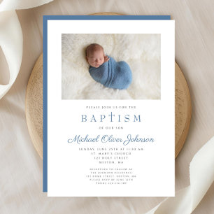 Blue Religious Cross Boy Photo Baptism Invitation
