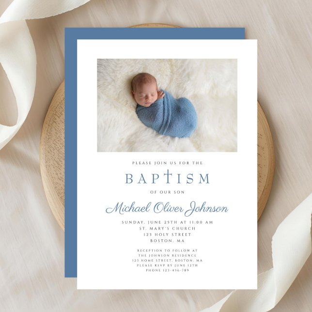 Blue Religious Cross Boy Photo Baptism Invitation (Blue Religious Cross Boy Photo Baptism Invitation)