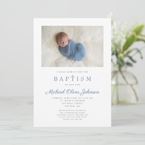 Blue Religious Cross Boy Photo Baptism Invitation