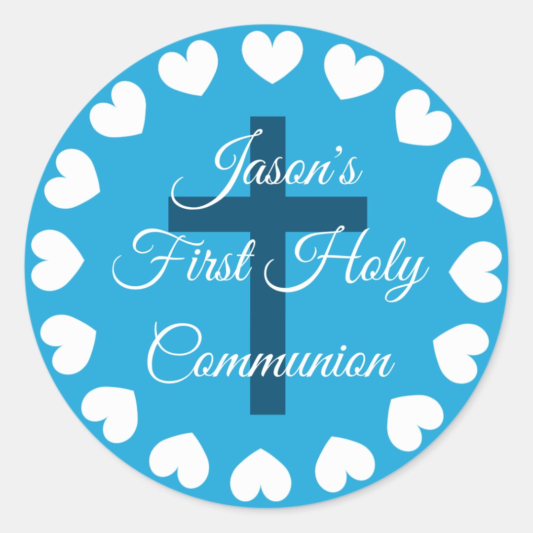 Blue religious cross boy's first holy communion classic round sticker Zazzle