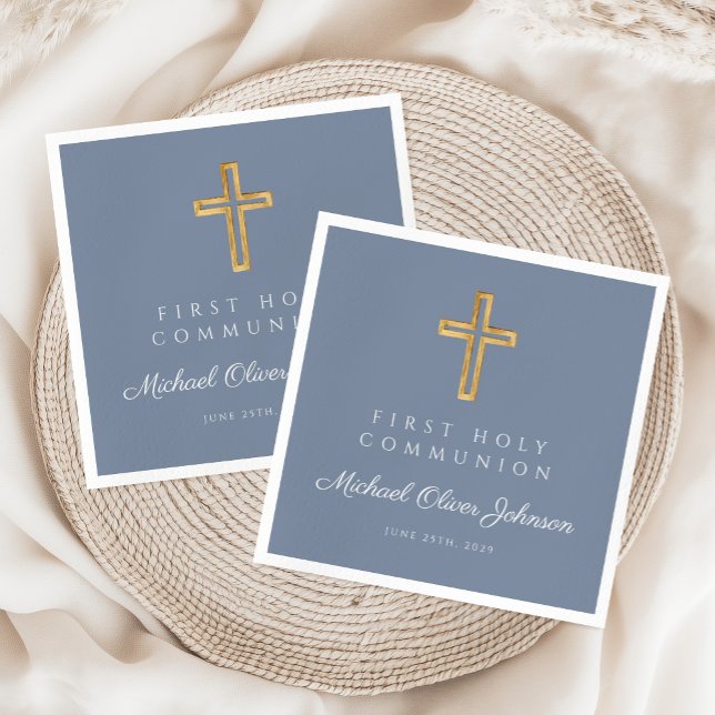 Blue Religious Cross Dusty Boy First Communion  Napkins (Blue Religious Cross Dusty Boy First Communion Napkins)