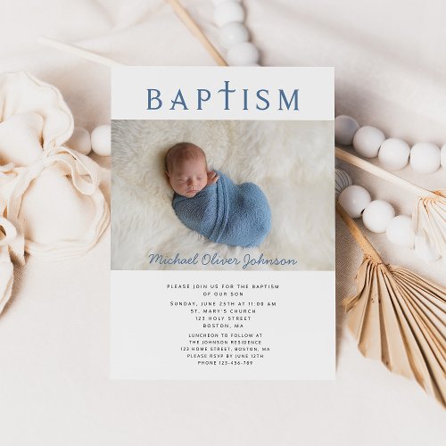 Blue Religious Cross Photo Boy Baptism  Invitation
