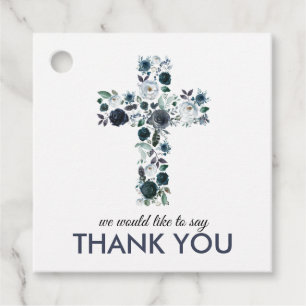 Blue Religious Floral Cross Communion/Baptism Favor Tags