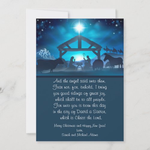 Blue Religious Nativity 5x7 Christmas Card
