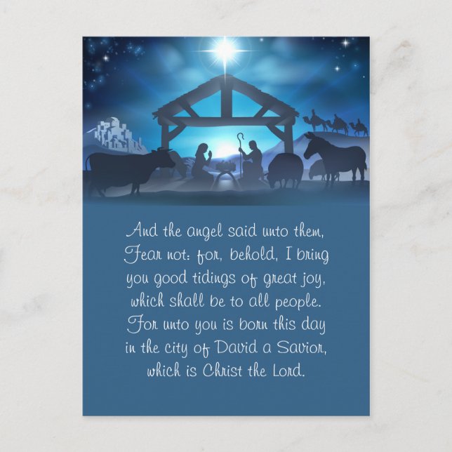 Blue Religious Nativity Christmas Greeting Card (Front)