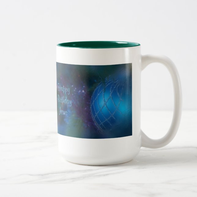 Blue Religious Saying Christmas Ornament Two-Tone Coffee Mug (Right)