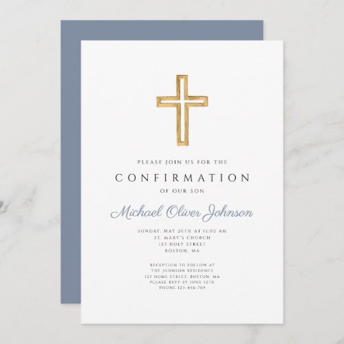 Blue Religious Wood Cross Boy Confirmation Invitation