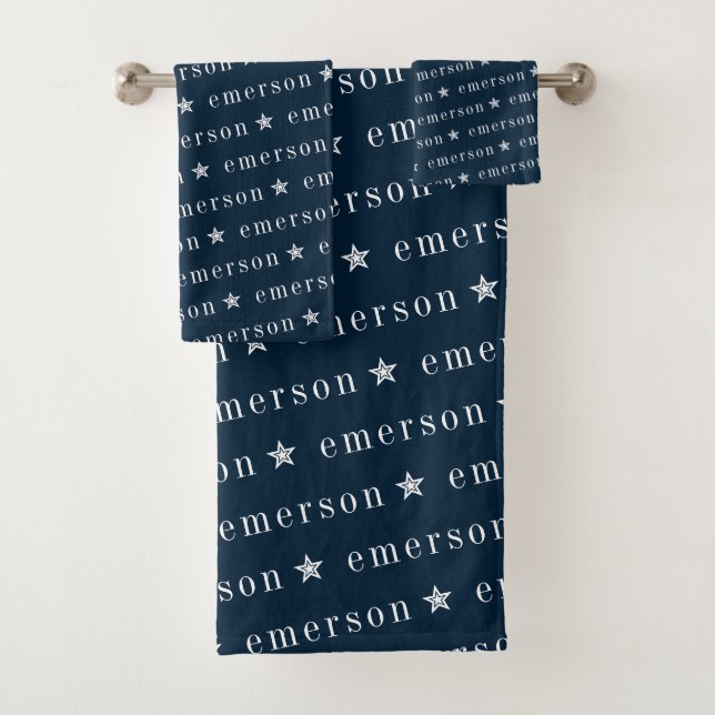 Blue Repeating Name Monogram Star Boy Bath Towel Set (Insitu)