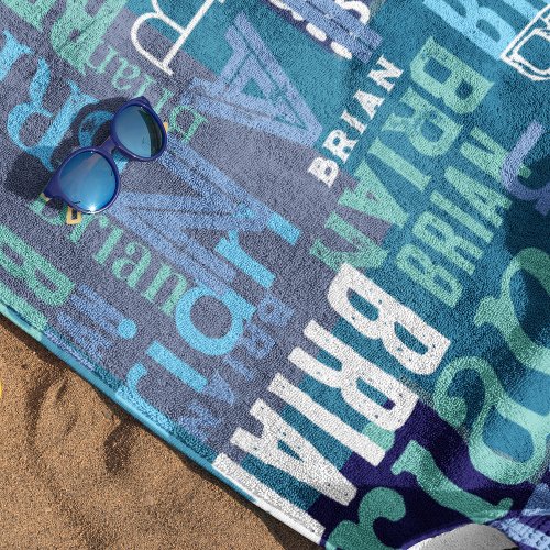 Blue Repeating Names Beach Towel