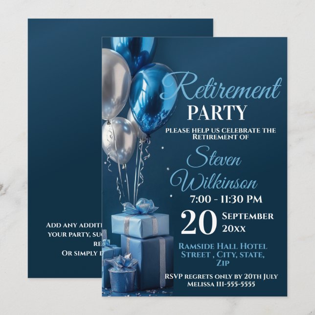 Blue Retirement Party Balloon Gifts Invitation (Front/Back)