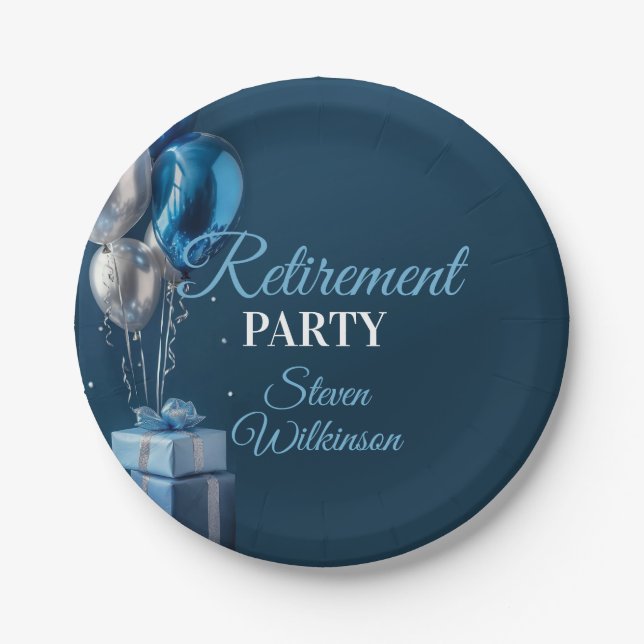 Blue Retirement Party Balloon Gifts Paper Plates (Front)