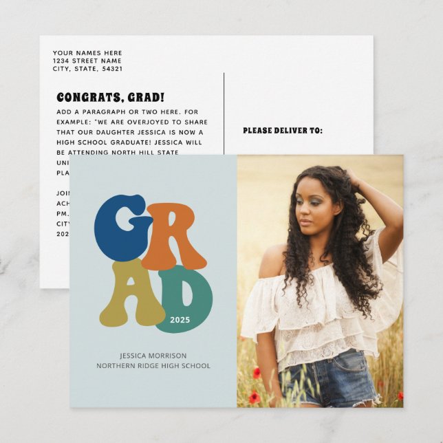 Blue Retro '70s Grad 2024 Groovy Graduation Postcard (Front/Back)