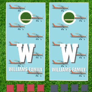 Blue Retro Aviation Pilot Family Monogram Airplane Cornhole Set