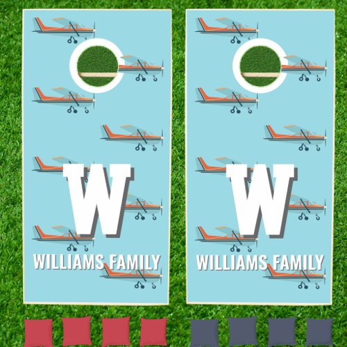 Blue Retro Aviation Pilot Family Monogram Airplane Cornhole Set