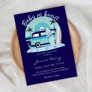 Blue Retro Baby on Board Summer Baby Shower Invitation