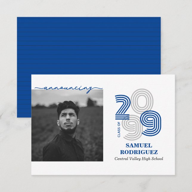 Blue Retro Big Numbers Class of Photo Invitation (Front/Back)