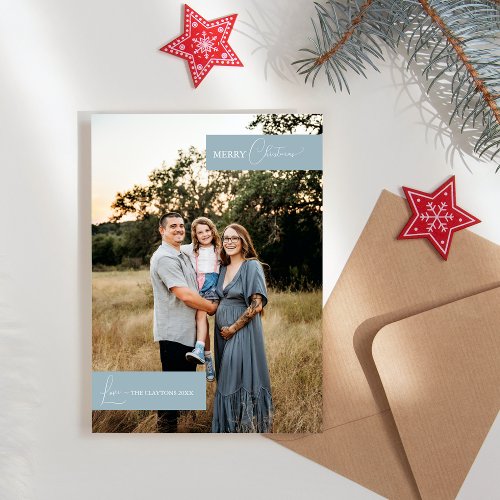 Blue Retro Boho Minimalist Family Portrait Holiday Card