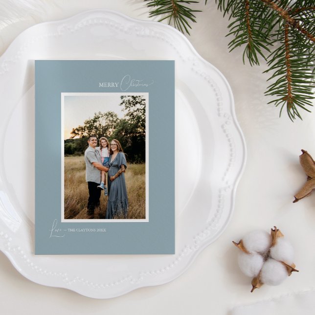 Blue Retro Boho Minimalist Letter and Photo Holiday Card (Creator Uploaded)