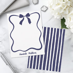 Blue Retro Bow Wavy Border Personalized Note Card