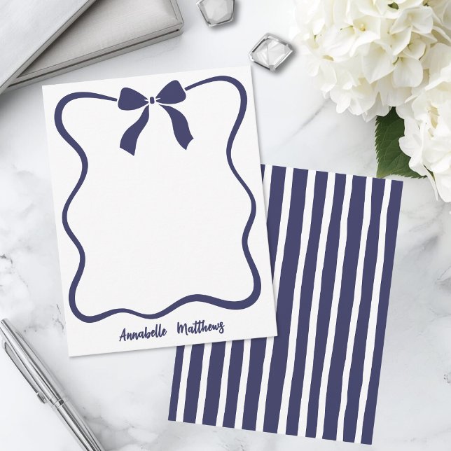 Blue Retro Bow Wavy Border Personalized Note Card (Blue Retro Bow Wavy Border Personalized Note Card )