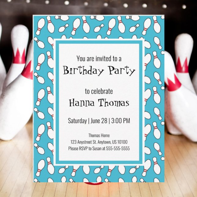Blue Retro Bowling Birthday Invitation Postcard (Creator Uploaded)
