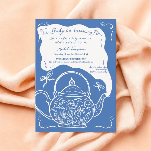 Blue retro bows teapot baby is brewing shower invitation