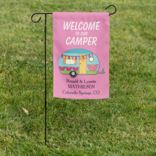 Blue Retro Camper on Pink Garden Flag