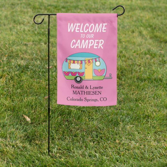 Blue Retro Camper on Pink Garden Flag (In SItu)
