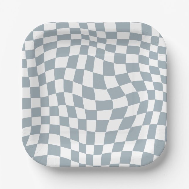 Blue Retro Checker Boy Birthday Party Plates (Front)